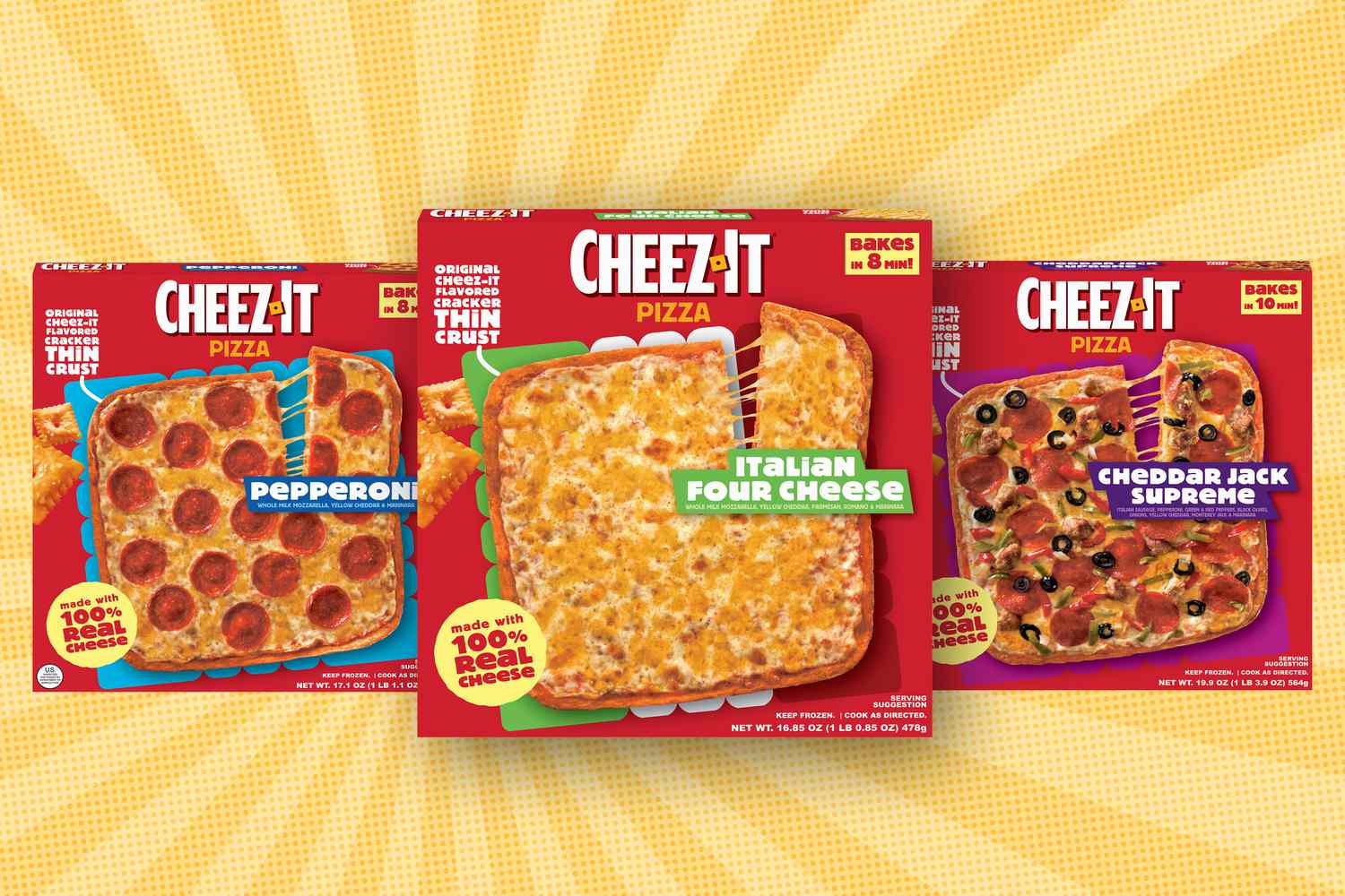 Three Cheez-It pizza boxes showing Pepperoni, Italian Four Cheese, and Cheddar Jack Supreme varieties arranged against a yellow background