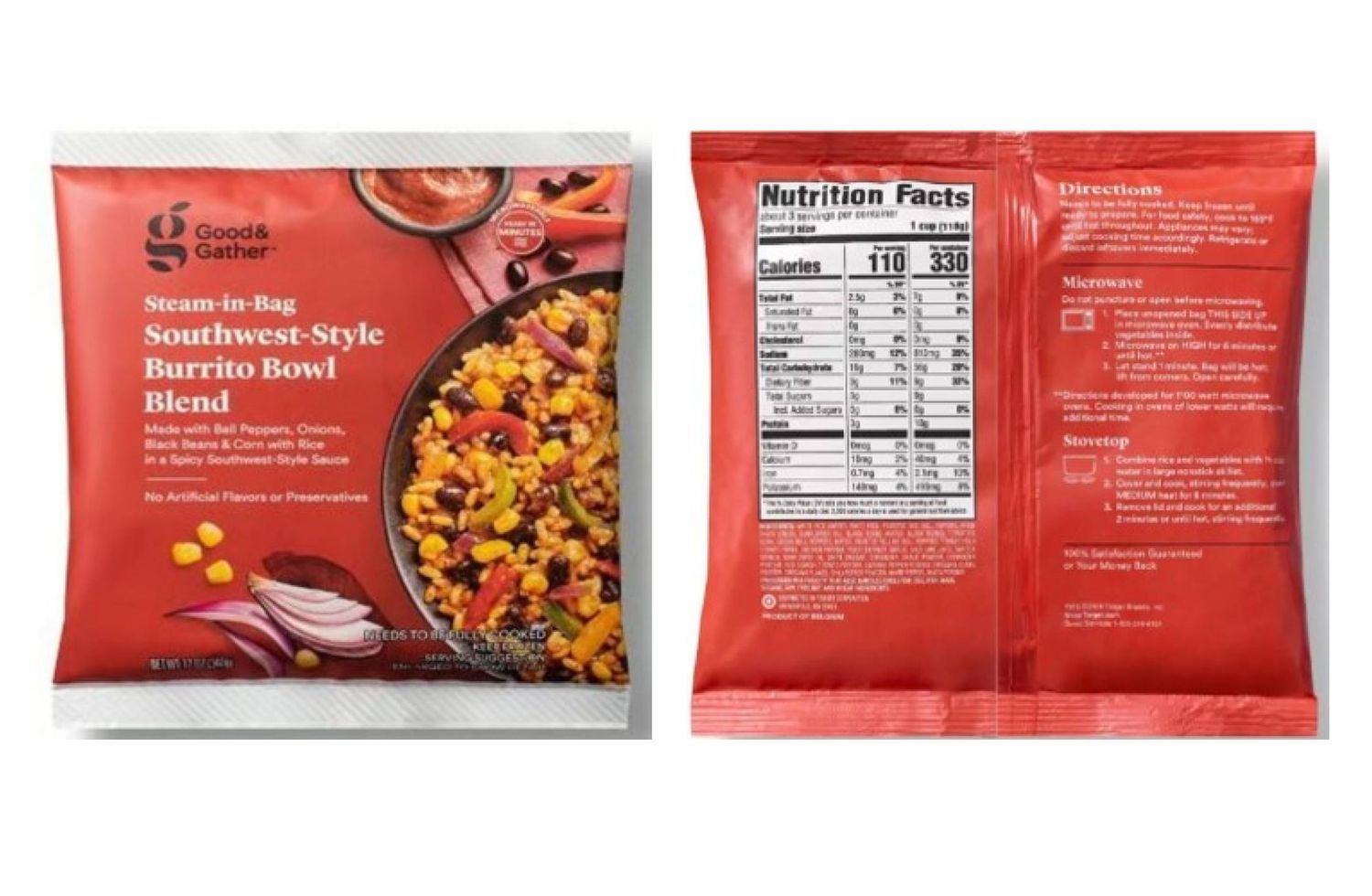 Front and back views of a package for a SouthwestStyle Burrito Bowl Blend branded as Goods Gather displaying product details