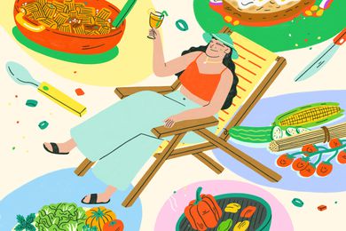 Person lounging on chair with lazy summer dinners around them