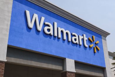 The front signage of a Walmart store featuring the logo and brand name displayed prominently