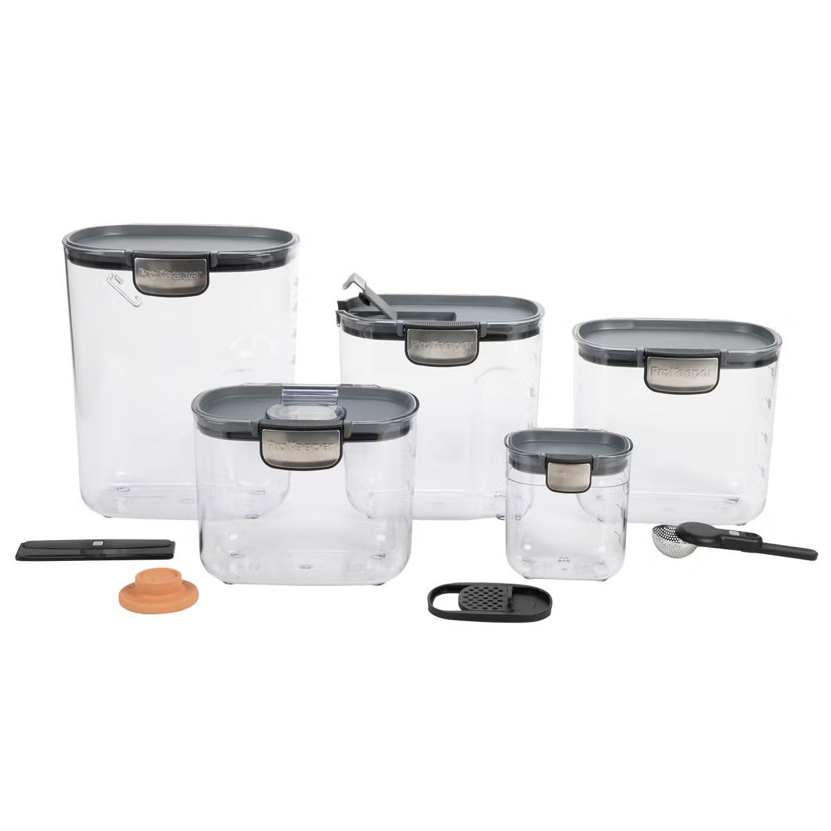 Set of clear storage containers with various lids suitable for organizing baking ingredients