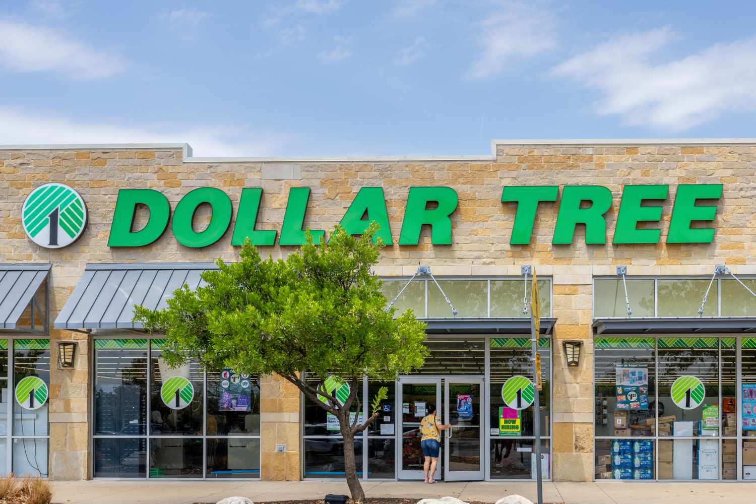 The facade of a Dollar Tree store with its logo prominently displayed on the building