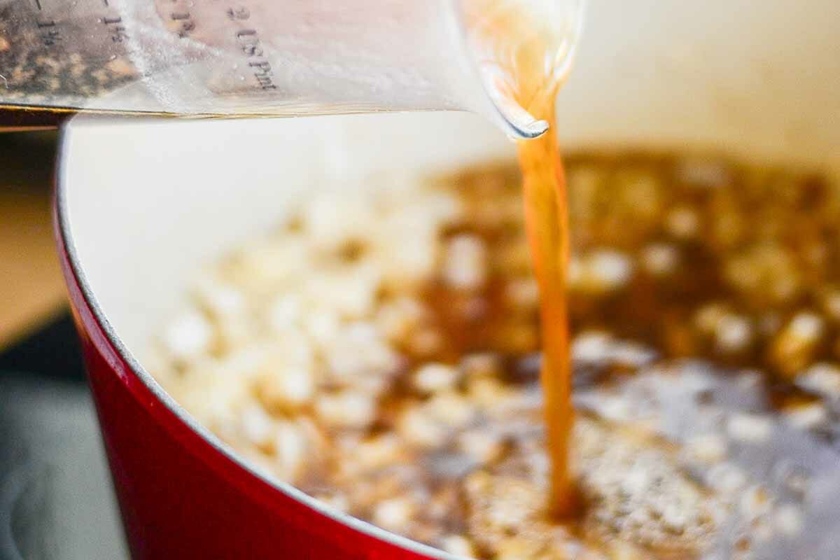 Deglaze the pot for slow cook beef stroganoff with beef broth