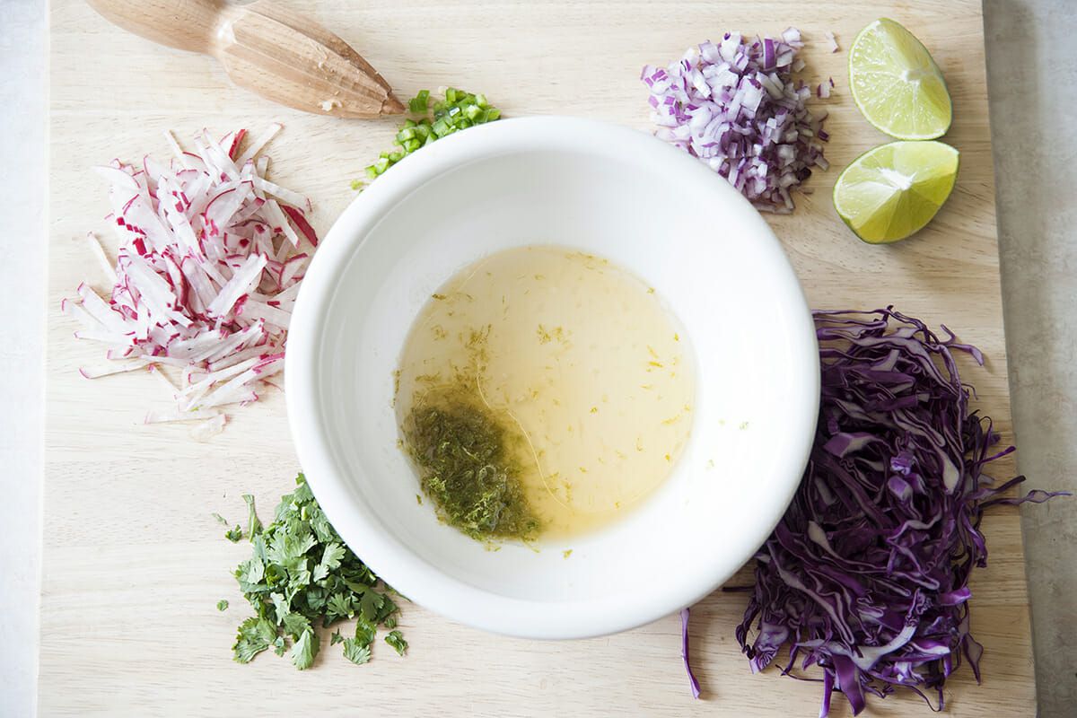 vinaigrette with cole slaw ingredients for fish tacos