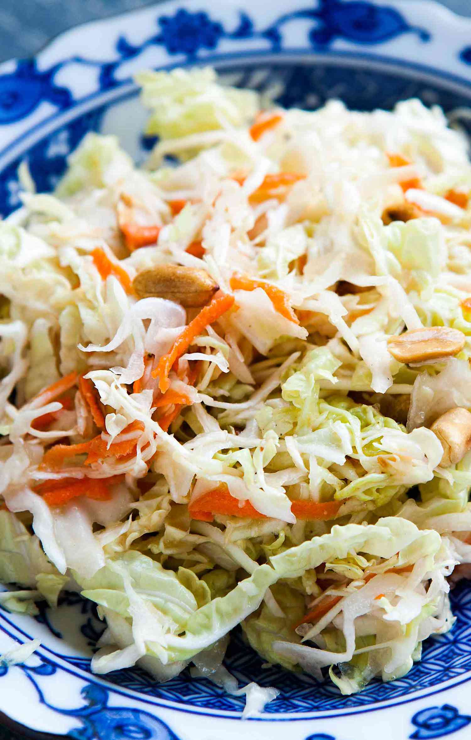 An Asianstyle coleslaw served on a patterned dish