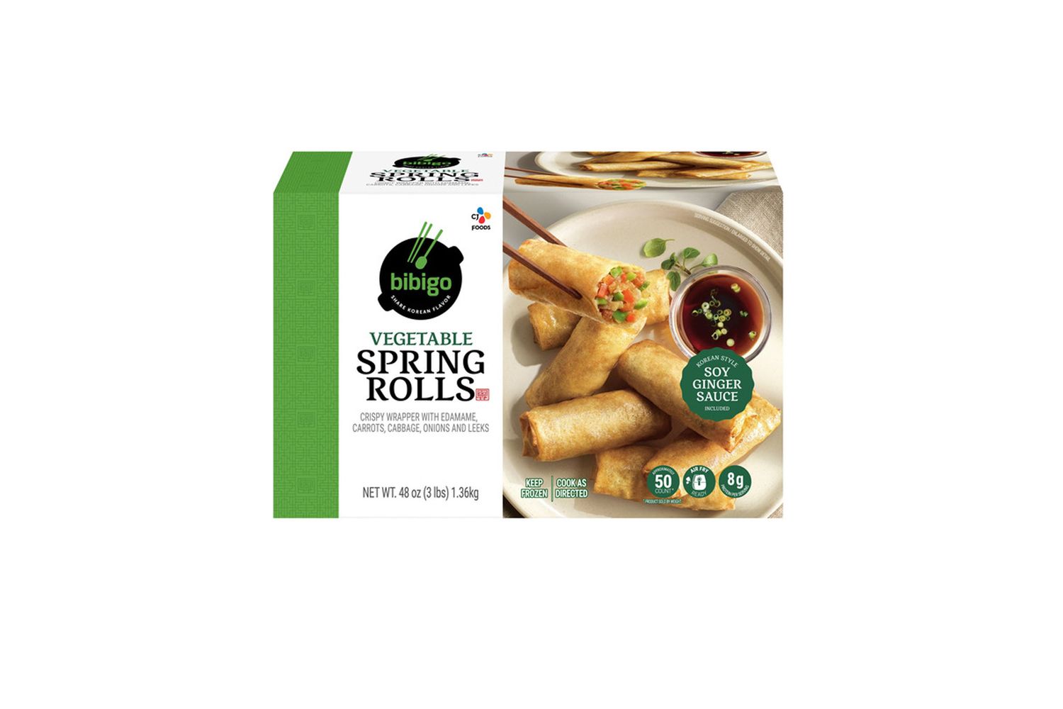 Box of Bibigo vegetable spring rolls next to a plated serving with dipping sauce