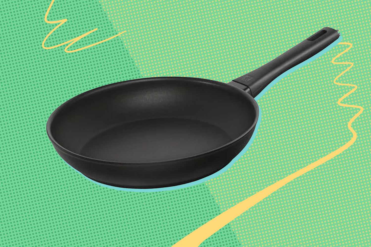 A black nonstick skillet with a black handle