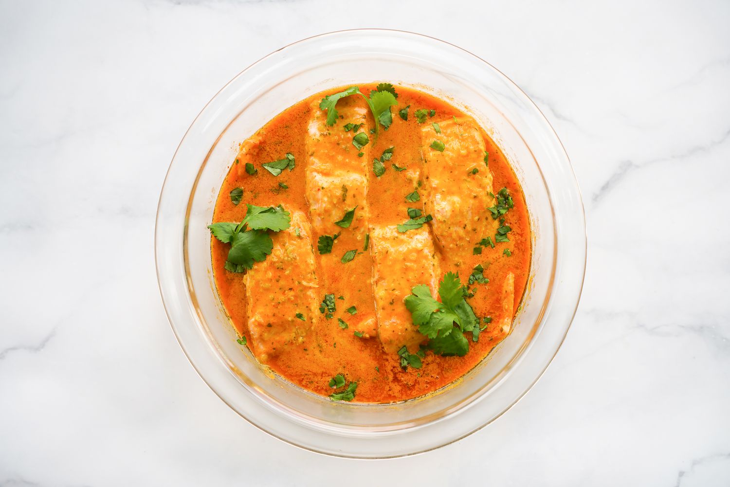 Microwave Red Curry Poached Salmon Garnished with Cilantro