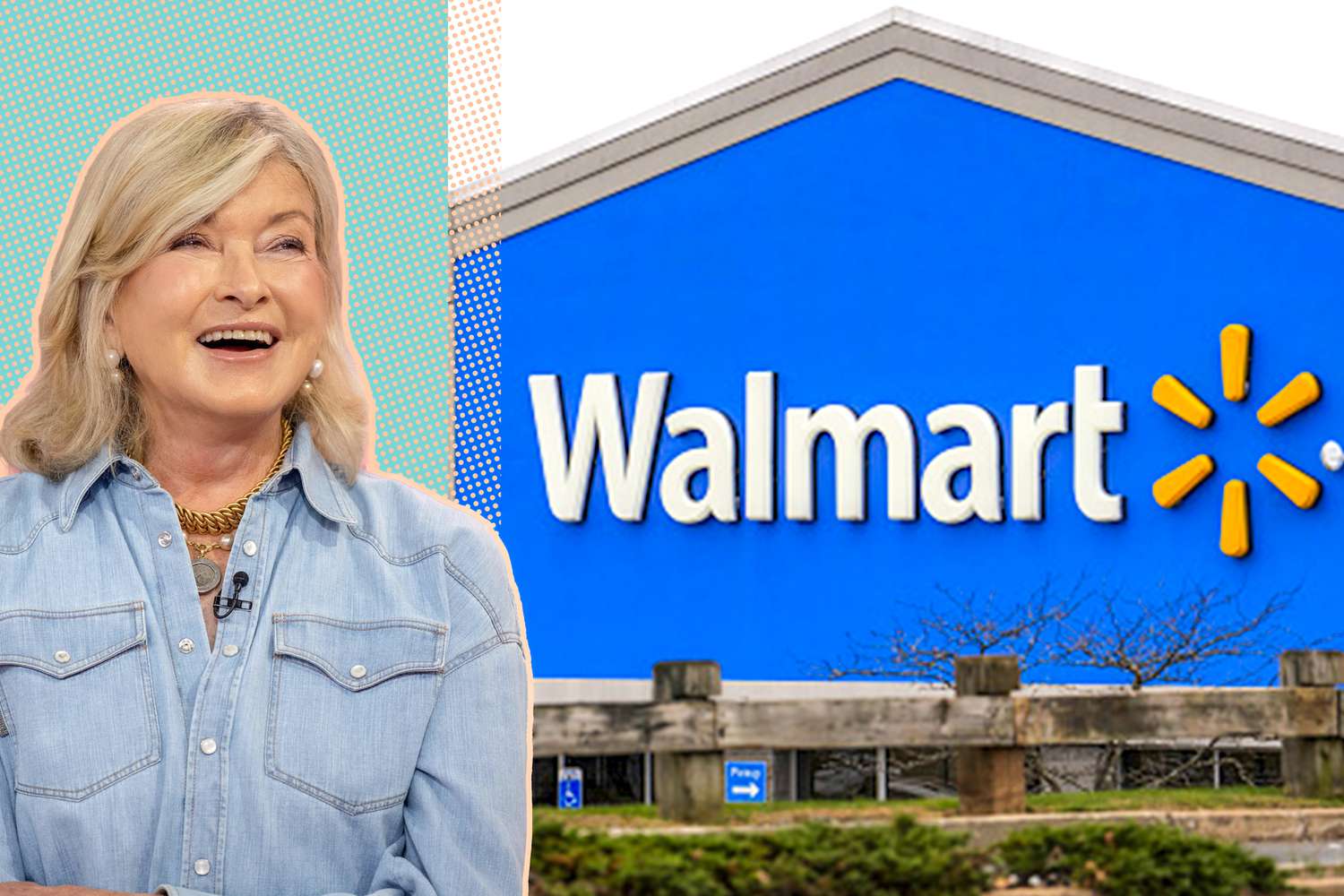 cutout of Martha Stewart on a blue background next to a photo of a Walmart storefront
