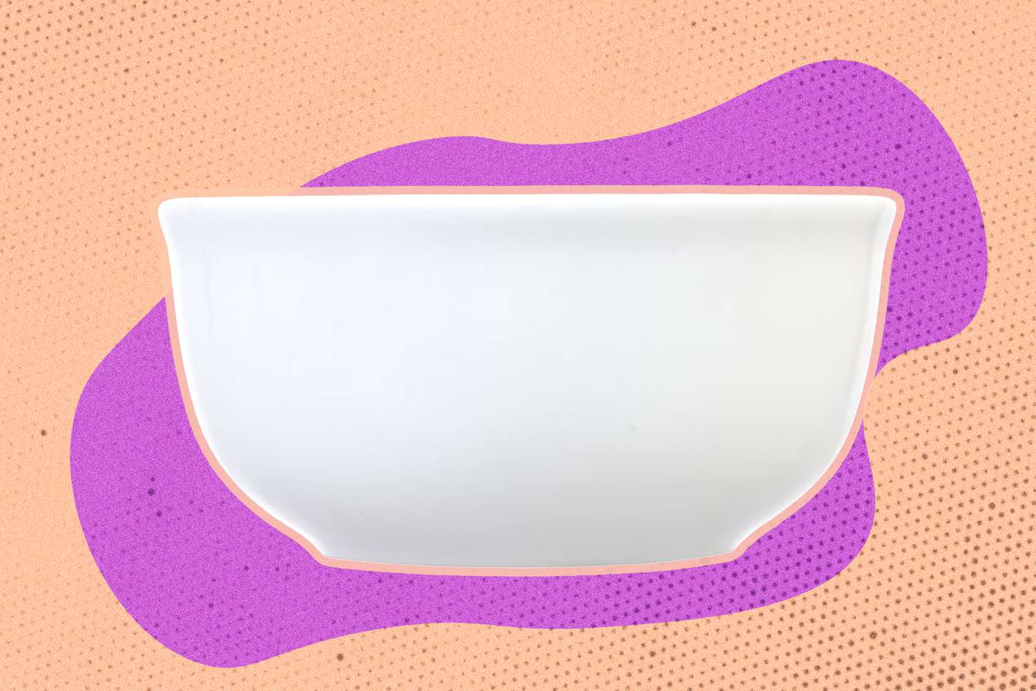 Side view of a round white ceramic bowl from Dollar Tree against a lavender and orange speckled background