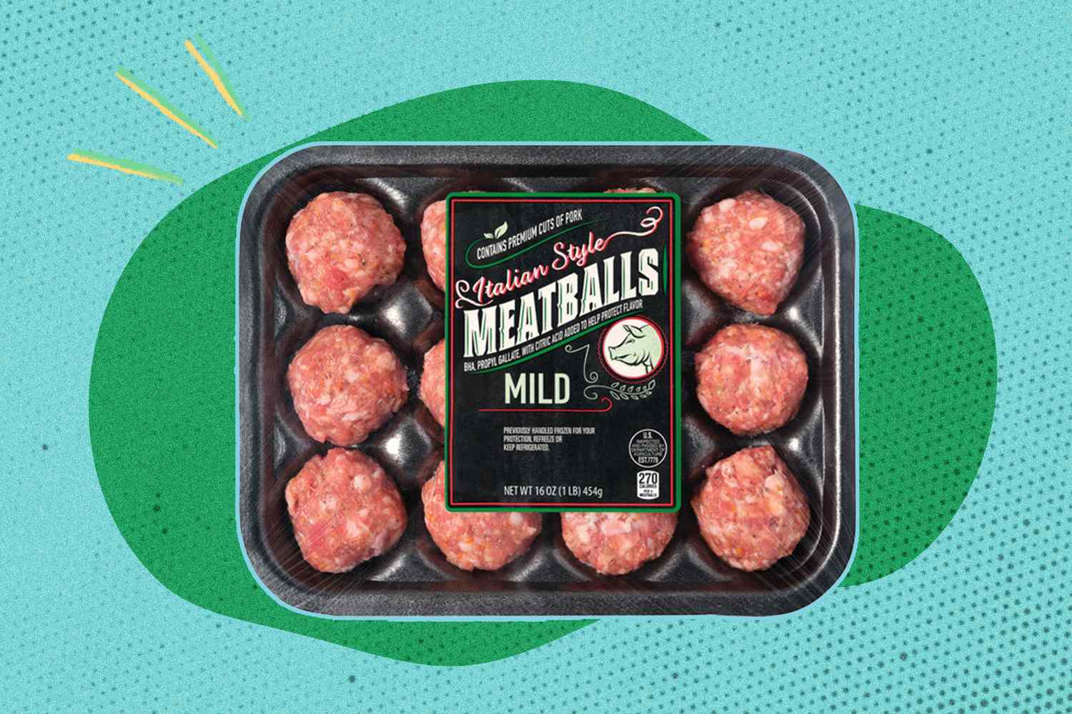 A packaged tray of Italian style mild meatballs with labeled packaging