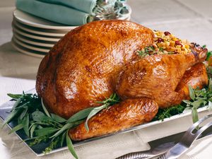 A whole roasted turkey on a serving plate, with herbs around it as decoration