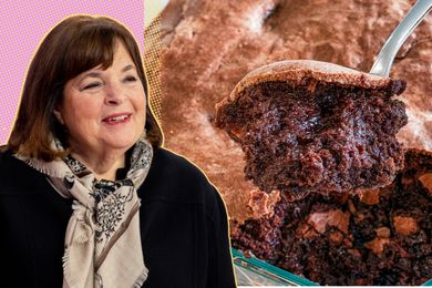 Ina Garten next to a closeup of brownie pudding being served with a spoon