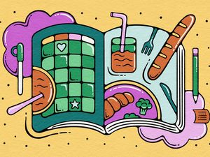 Illustrated mealplanning guide with a grid design bread and utensils