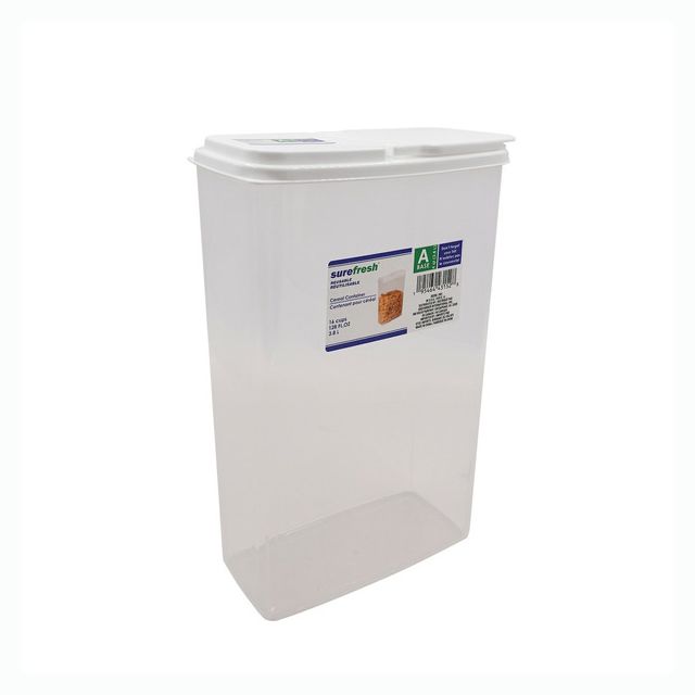 A plastic cereal storage container with a label