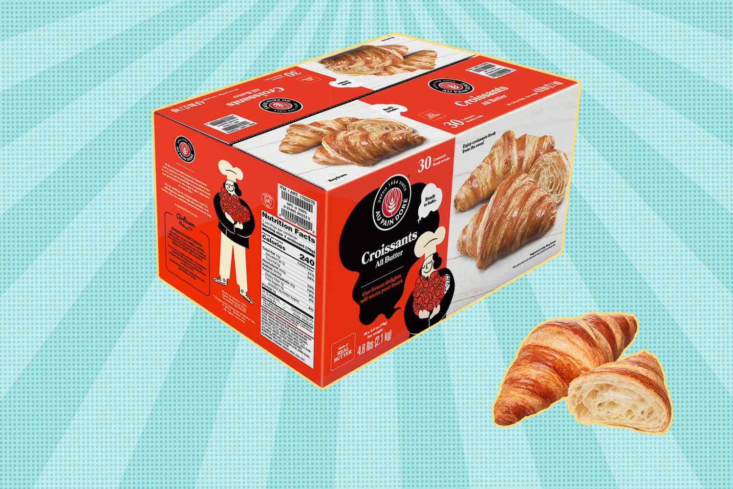 Costco croissants boxed closeup view with croissant illustration and packaging highlights