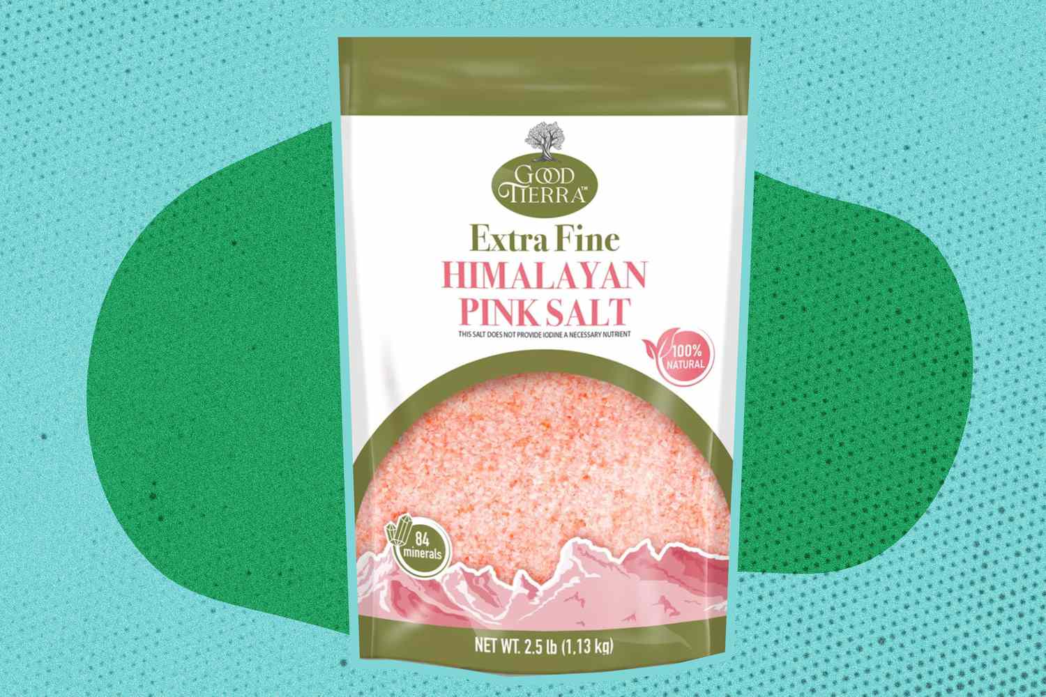 Bag of Extra Fine Himalyan Pink Salt over a colorful background