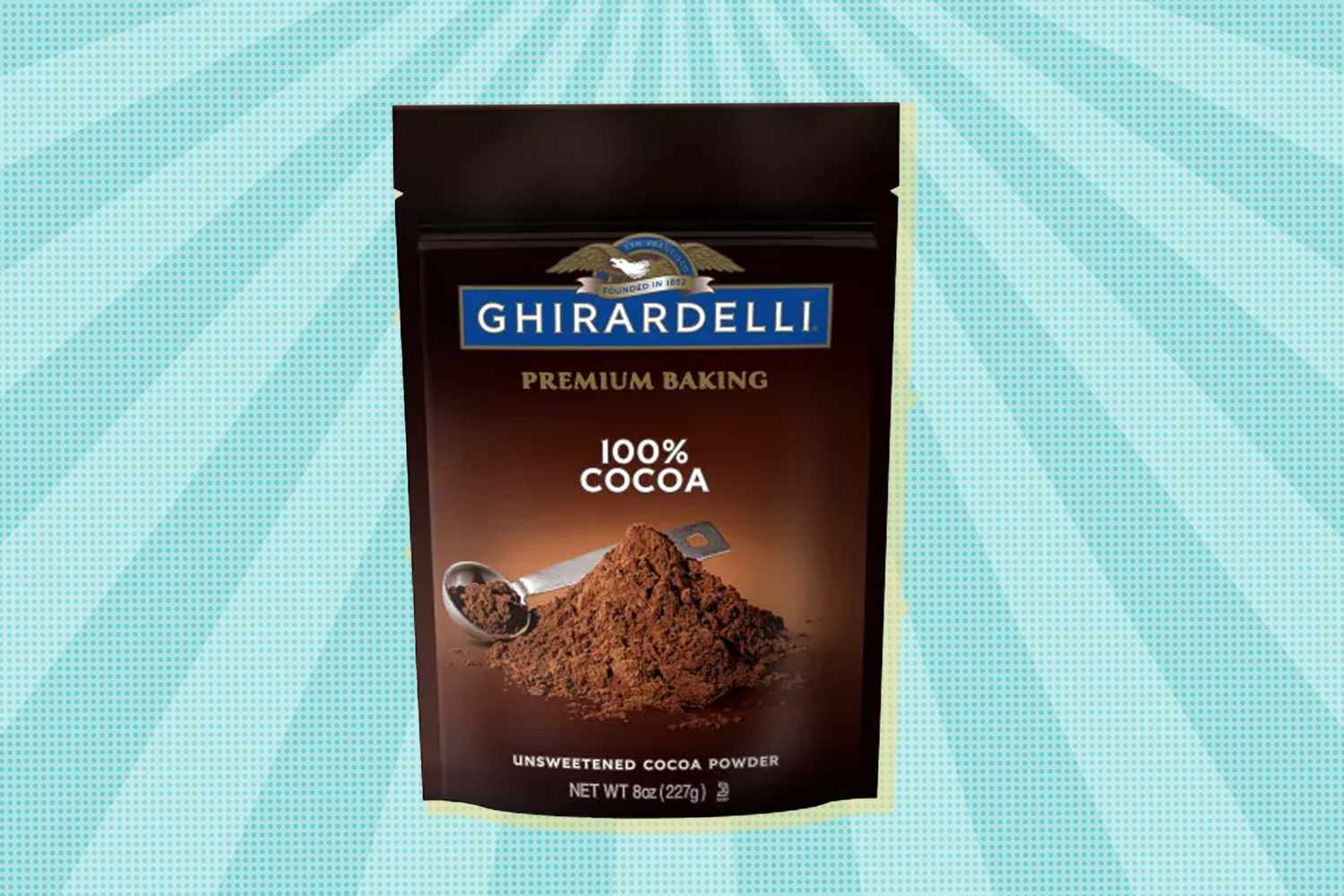 A bag of Ghirardelli 100% cocoa premium baking powder displayed against a light striped background