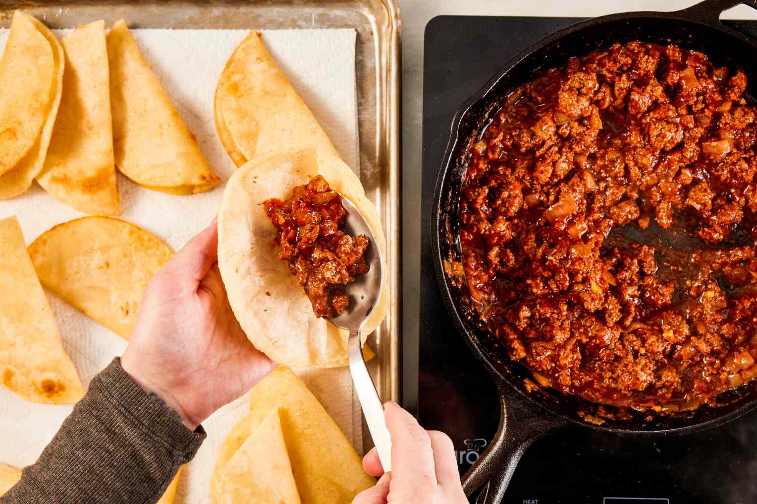 taco filling added to fried taco shells for crispy ground beef recipe