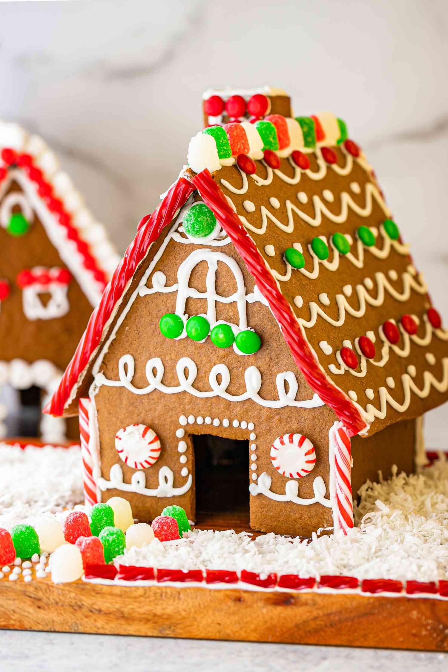 Side view of a gingerbread house.
