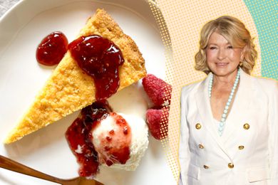 A slice of dense cornmeal cake next to a photo of Martha Stewart in a white double-breasted blazer