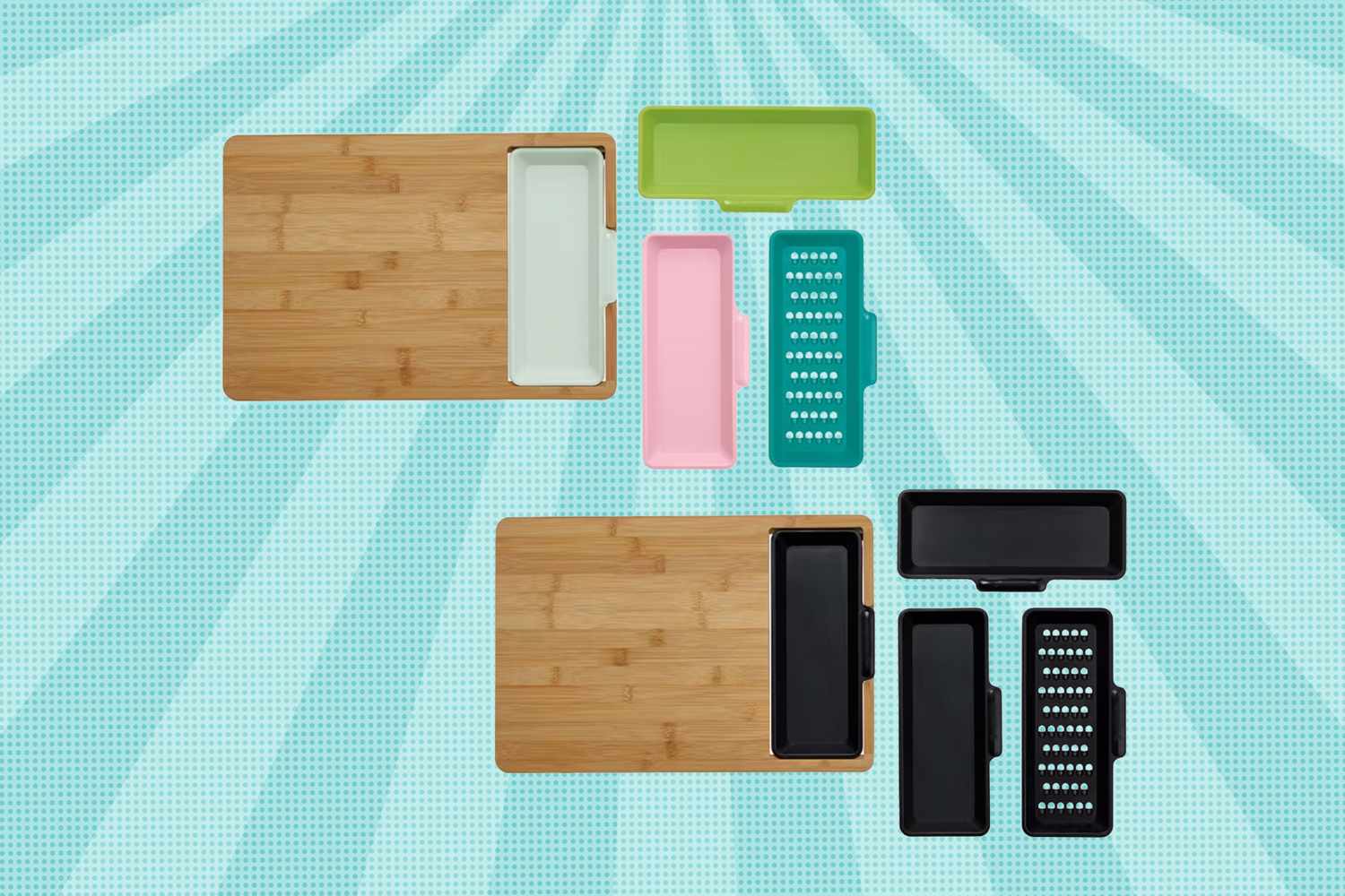Bamboo cutting boards with integrated compartments and graters, arranged on a patterned background