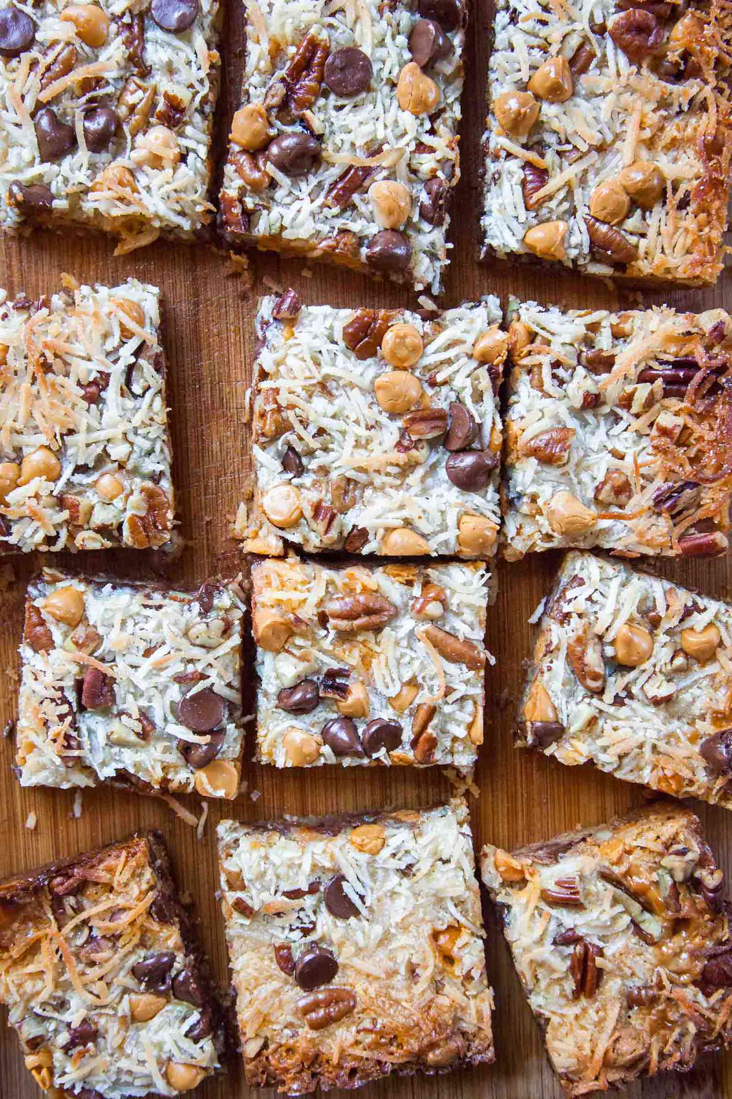 Overhead shot of 7 layer bars on a serving platter