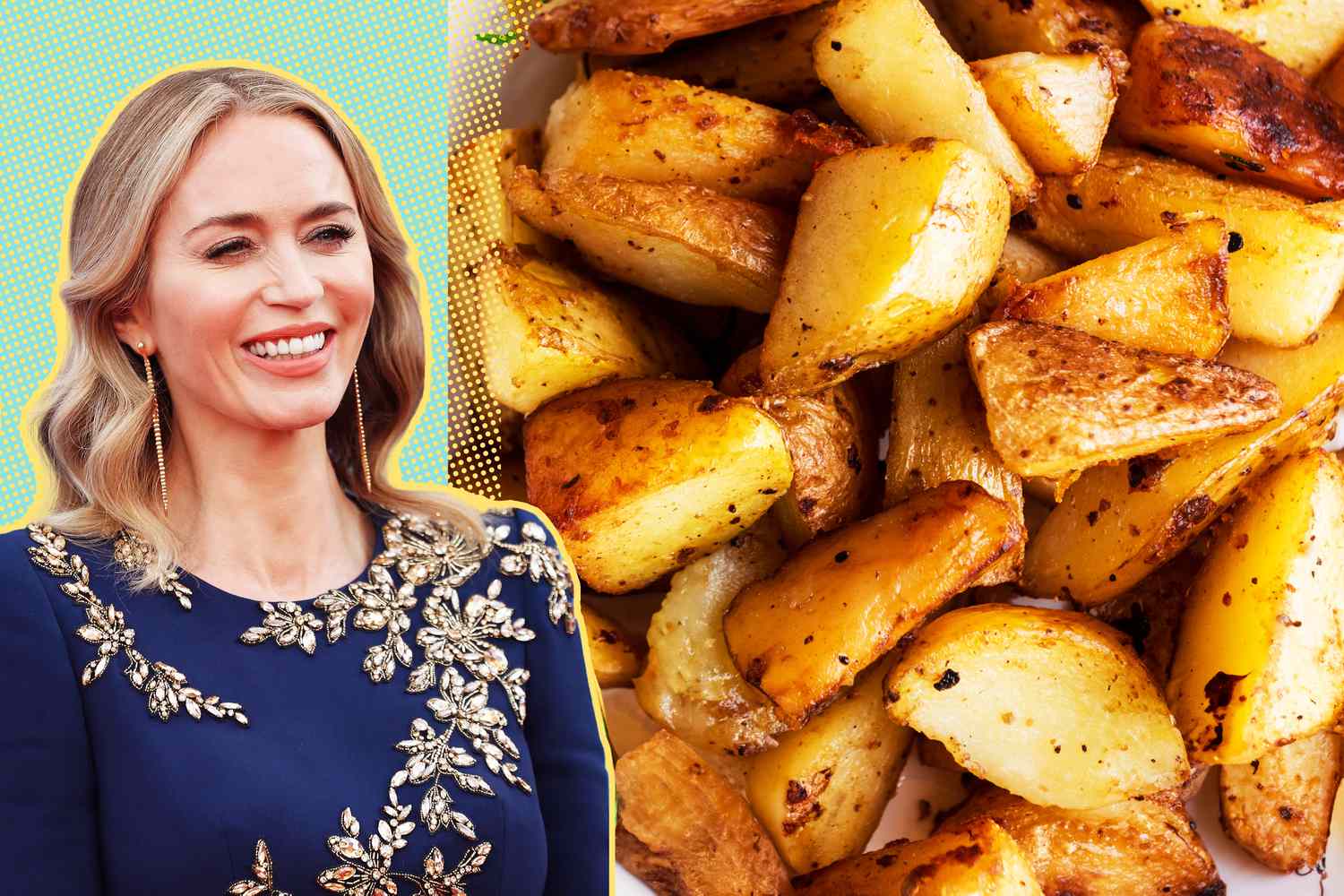 Emily Blunt headshot and roasted potatoes 