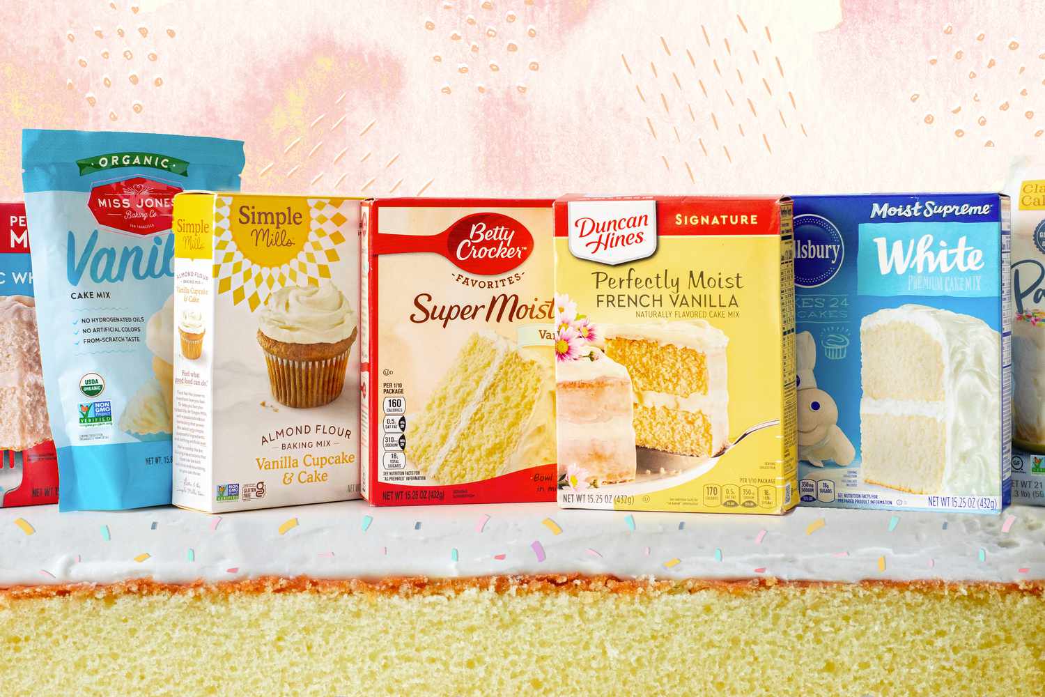 Boxed cake mixes on top of cake 