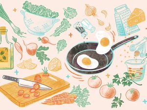 Illustration of fresh produce, cooking tools, ingredients, etc.