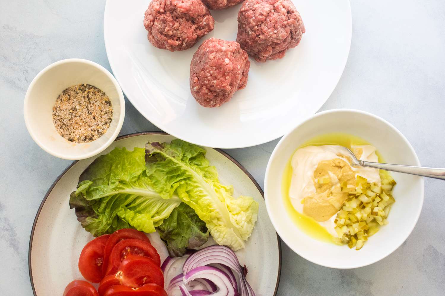 Ingredients to make a smashburger-style burger recipe.