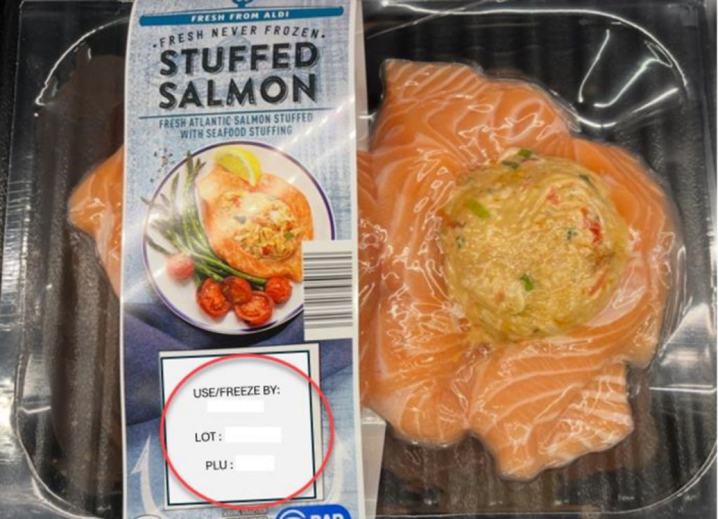 Packaged stuffed salmon with a use-by date highlighted