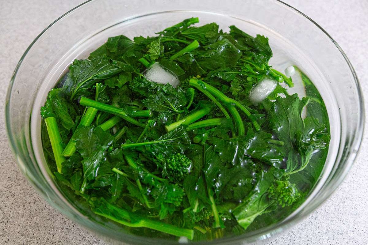 A bowl of blanched rapini to show how to cook broccoli rabe.