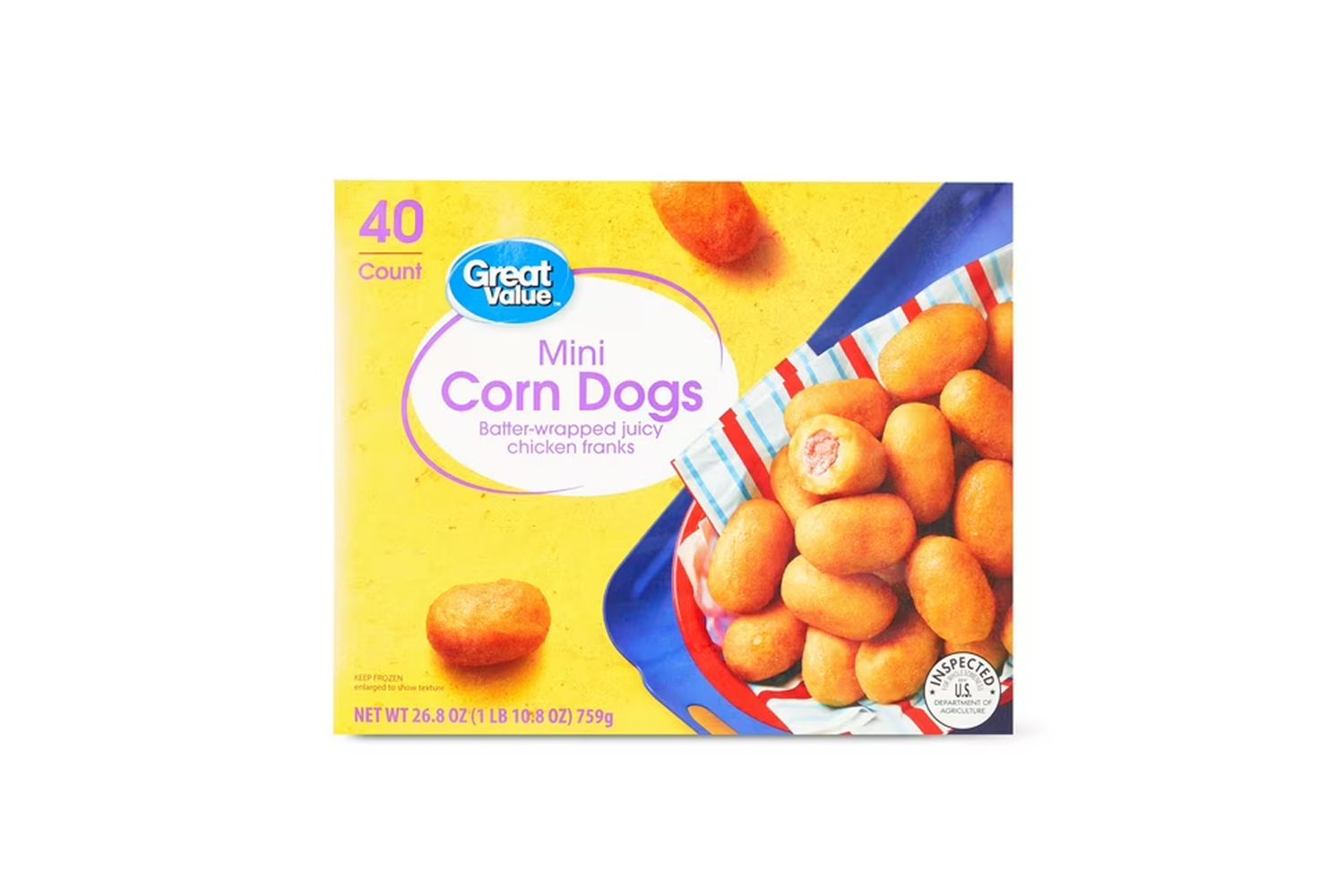 Box of 40 Great Value mini corn dogs with a bowl shown on the packaging