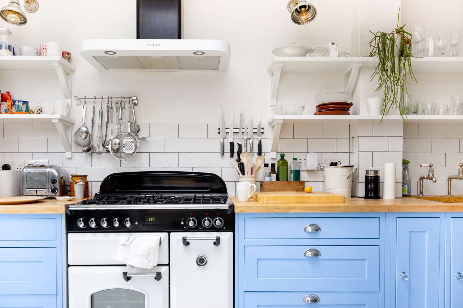 Beautiful home kitchen with various tools, appliances, dishes, and cabinets