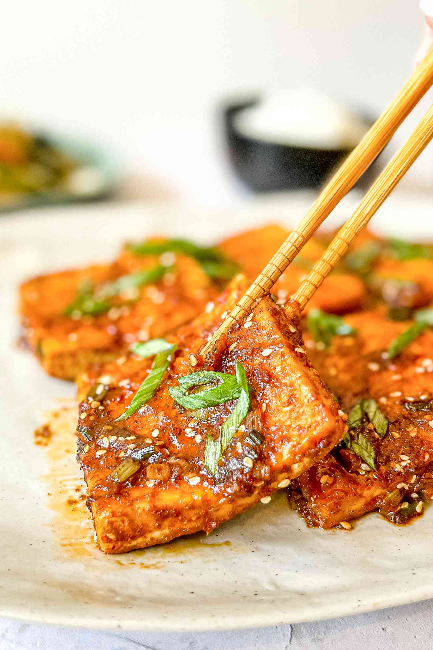 Dubu Jorim (Korean Braised Tofu) Picked Up Using Chopsticks 