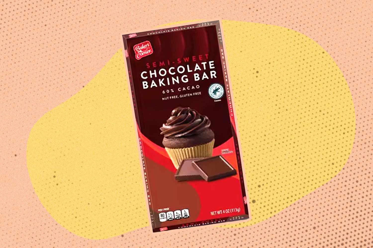 Baker's Corner Semi-Sweet Chocolate Baking Bar from Aldi on a graphic background