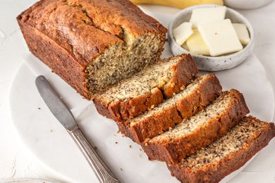 Easy banana bread cut into thick slices.