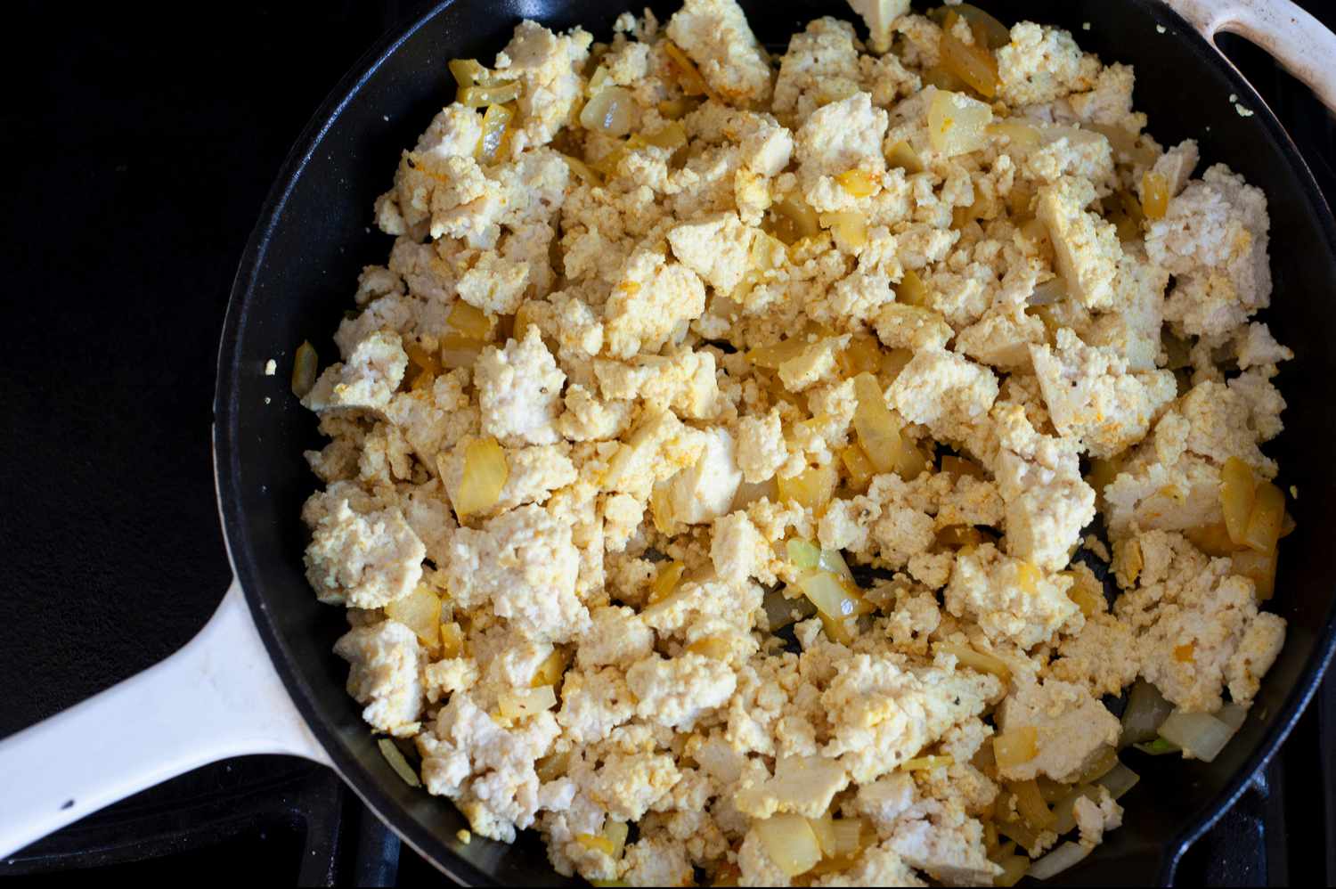 Cook the tofu in skillet with seasonings. 