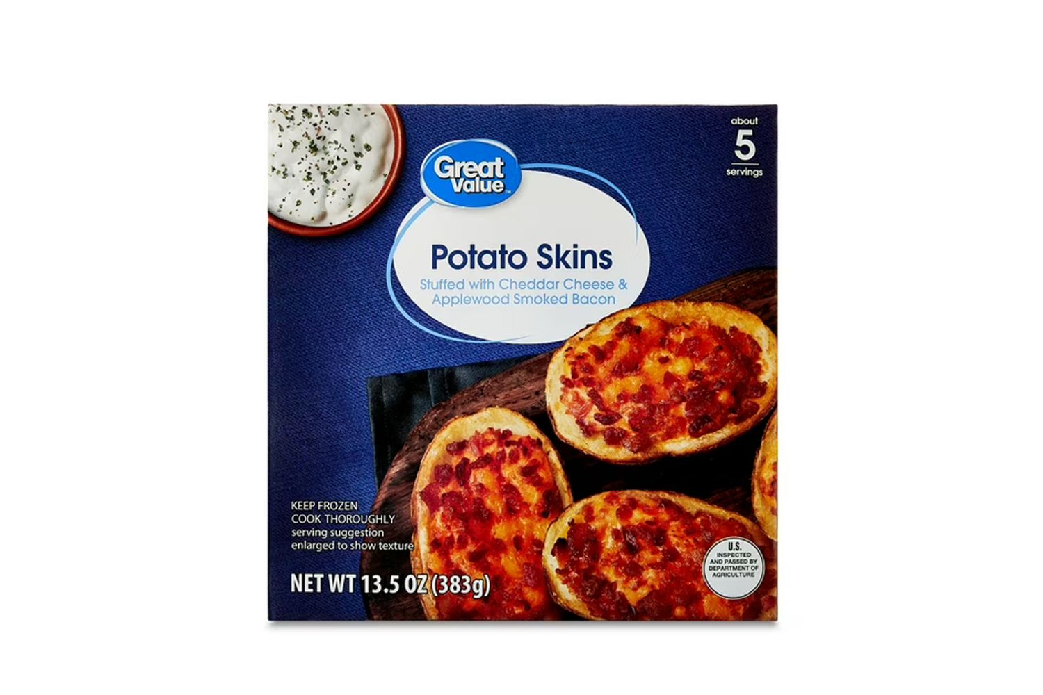 Packaged frozen potato skins stuffed with cheese and bacon labeled as Great Value Potato Skins