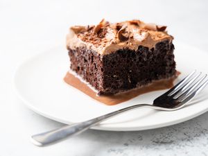 Slice of Chocolate Tres Leches Cake on a Small Plate