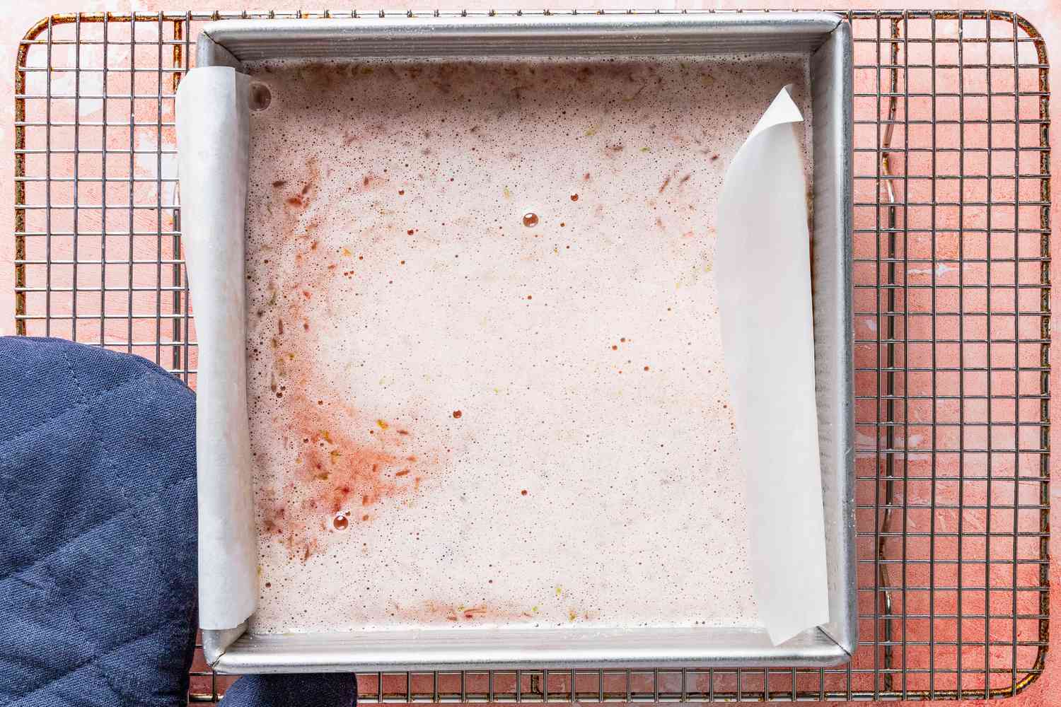 raspberry lime rickey bars filling added to hot shortbread crust 