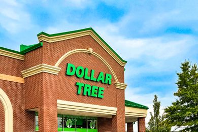 Dollar Tree storefront, brick archway and green branding