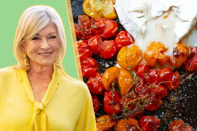 Martha Stewart next to a plate of roasted tomatoes and cheese