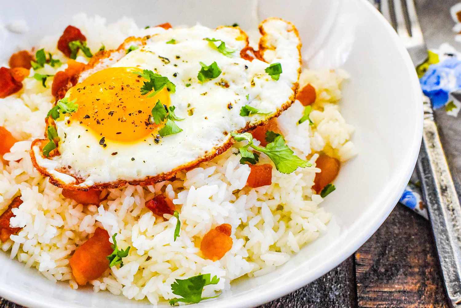 arroz con tocini with a fried egg