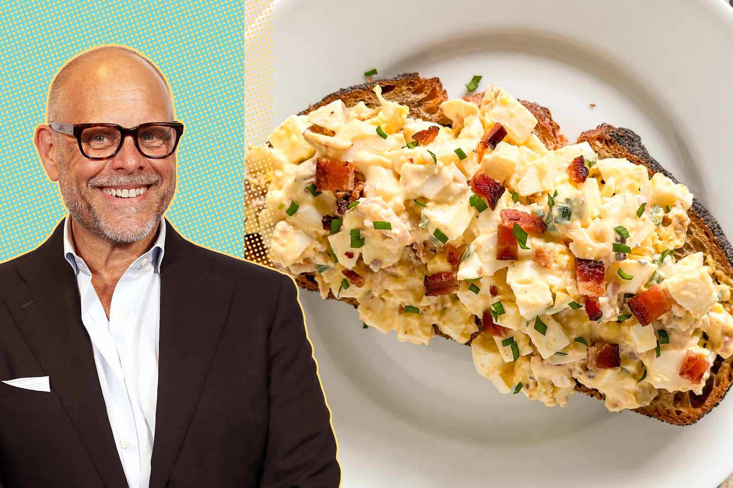 alton brown cut-out over a blue and yellow background next to a photo of his egg salad on toast 