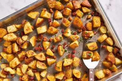 Roasted potatoes on a baking sheet