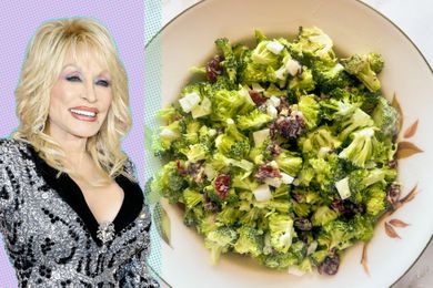 Dolly Parton and a bowl of a broccoli salad with cranberries and cheese