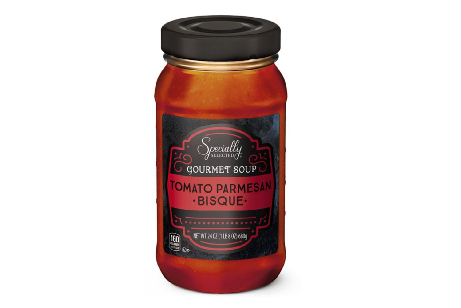 A jar of Specially Selected Gourmet Soup with Tomato Parmesan Bisque flavor