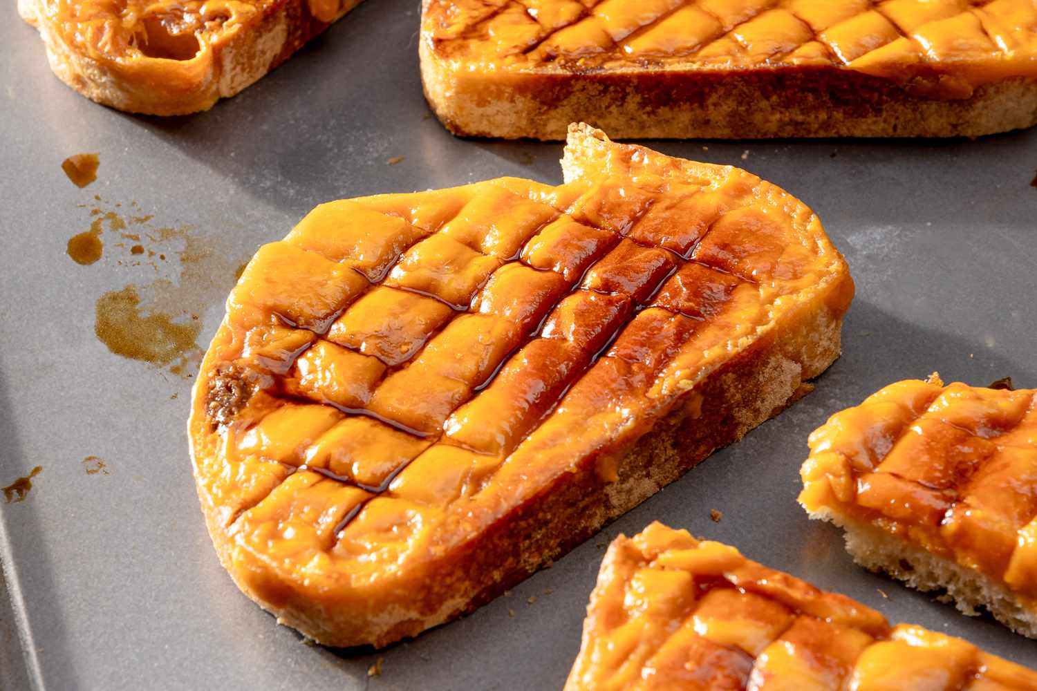 Welsh rarebit on a baking tray